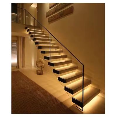 Thang nổi bằng gỗ vằn tùy chỉnh với hàng rào thủy tinh và đèn LED
